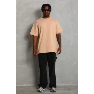 Unisex Oversize Düz Bisiklet Yaka T-shirt - Bej