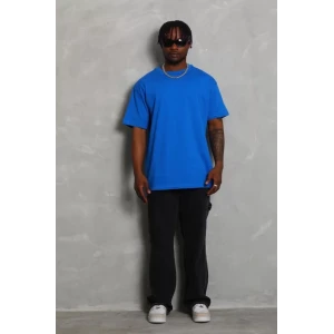 Unisex Oversize Düz Bisiklet Yaka T-shirt - Mavi
