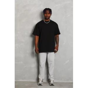 Unisex Oversize Düz Bisiklet Yaka T-shirt - Siyah