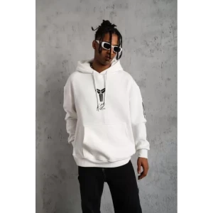Unisex Sırt Baskılı Kapüşonlu Üç İplik Oversize Sweatshirt - Beyaz