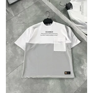 Unisex Torba Cep Detaylı  Parçalı T-shirt - Gri