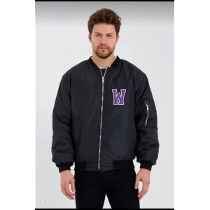 Unisex Uzun Kol Baskılı Bomber Ceket - Siyah