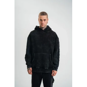 Unisex Uzun Kol Kapşonlu Yıkamalı Nakışlı Sweatshirt - Siyah