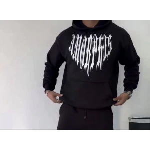 Uzun Kol Kapşonlu Baskılı Sweatshirt - Siyah