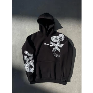 Uzun Kol Kapşonlu Baskılı Sweatshirt - Siyah