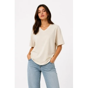 V Yaka Basic Tişört Kısa Kol Yazlık Regular Fit T-shirt - Bej