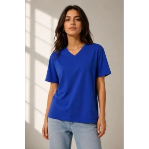 V Yaka Basic Tişört Kısa Kol Yazlık Regular Fit T-shirt - Saks Mavisi