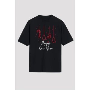 Yılbaşı Happy New Year Baskılı Kısa Kollu Oversize Bisiklet Yaka T-shirt - Siyah