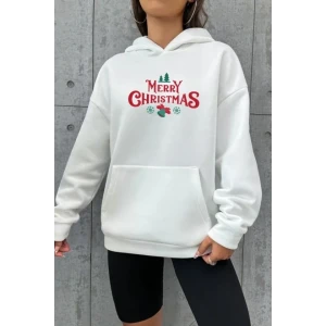 Yılbaşı Merry Christmas Baskılı Oversize Kapüşonlu Sweatshirt Hoodie - Beyaz