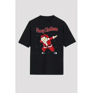 Yılbaşı Merry Christmas Noel Baba Baskılı Oversize Bisiklet Yaka T-shirt - Siyah