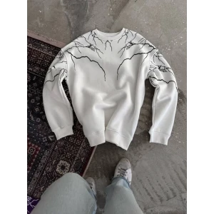 Yıldırım Baskılı Bisiklet Yaka Sweatshirt - Beyaz
