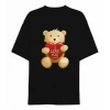 14 Şubat Sevgililer Günü I Love You Ayı Baskılı Oversize Bisiklet Yaka T-shirt - Siyah