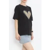 14 Şubat Sevgililer Günü Leopar Kalp Baskılı Oversize Bisiklet Yaka T-shirt - Siyah