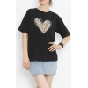 14 Şubat Sevgililer Günü Leopar Kalp Baskılı Oversize Bisiklet Yaka T-shirt - Siyah