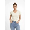 2li V Yaka Tişört – Kısa Kollu Yazlık Slim Fit Body - Saks Mavisi - Ekru