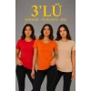 3’lü Kısa Kollu Bisiklet Yaka Basic Slim Fit T-shirt - Kırmızı - Turuncu - Bej