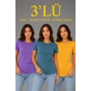 3’lü Kısa Kollu Bisiklet Yaka Basic Slim Fit T-shirt - Mor - Petrol Mavisi - Hardal