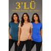 3’lü Kısa Kollu Bisiklet Yaka Basic Slim Fit T-shirt -petrol Mavisi  - Bej - Mavi