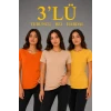 3’lü Kısa Kollu Bisiklet Yaka Basic Slim Fit T-shirt - Turuncu - Bej - Hardal