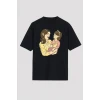 Anneler Günü Hediye Anne Kız Temalı Baskılı Oversize Bisiklet Yaka T-shirt - Siyah