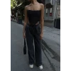 Arkadan Yırtmaçlı Jeans Kot Palazzo Pantolon - Siyah