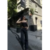 Arkadan Yırtmaçlı Jeans Kot Palazzo Pantolon - Siyah