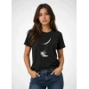 Astronot Ay Temalı Tişört Kısa Kol Yazlık Bisiklet Yaka T-shirt - Siyah