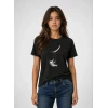 Astronot Ay Temalı Tişört Kısa Kol Yazlık Bisiklet Yaka T-shirt - Siyah
