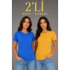 Basic Bisiklet Yaka Yazlık Slim Fit T-shirt - Mavi - Hardal Sarısı
