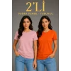 Basic Bisiklet Yaka Yazlık Slim Fit T-shirt - Pudra Pembe - Turuncu