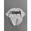 Baskılı Oversize Bisiklet Yaka T-shirt - Beyaz