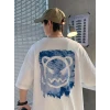 Baskılı Oversize Bisiklet Yaka T-shirt - Beyaz