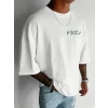 Baskılı Oversize Bisiklet Yaka T-shirt - Beyaz