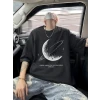 Baskılı Oversize Bisiklet Yaka T-shirt - Siyah