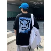 Baskılı Oversize Bisiklet Yaka T-shirt - Siyah