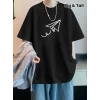 Baskılı Oversize Bisiklet Yaka T-shirt - Siyah