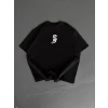 Baskılı Oversize Bisiklet Yaka T-shirt - Siyah