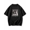 Baskılı Oversize Bisiklet Yaka T-shirt - Siyah