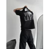 Baskılı Oversize Bisiklet Yaka T-shirt - Siyah