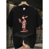 Baskılı Oversize Bisiklet Yaka T-shirt - Siyah