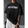 Baskılı Oversize Bisiklet Yaka T-shirt - Siyah