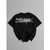 Baskılı Oversize Bisiklet Yaka T-shirt - Siyah