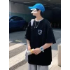 Baskılı Oversize Bisiklet Yaka T-shirt - Siyah