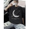 Baskılı Oversize Bisiklet Yaka T-shirt - Siyah