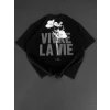 Baskılı Oversize Bisiklet Yaka T-shirt - Siyah