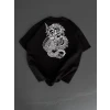Baskılı Oversize Bisiklet Yaka T-shirt - Siyah