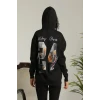 Baskılı Oversize Üç İplik Kapüşonlu Sweatshirt - Siyah
