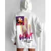 Baskılı Üç İplik Kapüşonlu Oversize Sweatshirt - Beyaz
