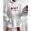 Baskılı Üç İplik Kapüşonlu Oversize Sweatshirt - Beyaz