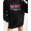 Baskılı Üç İplik Kapüşonlu Oversize Sweatshirt - Siyah